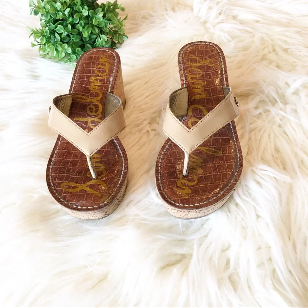 Sam Edelman Beige and Brown Cork Wedge Flip Flops - Picture 2 of 6